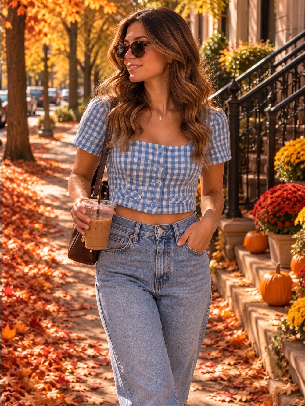 Zara - Blue Gingham Square-Neck Crop Top - Size Medium